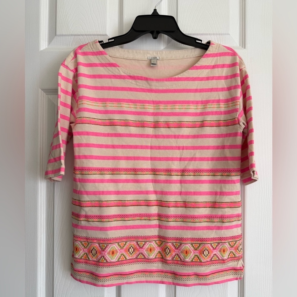 J Crew Top Size Small Striped Embroidered Pink Career Workwear Preppy